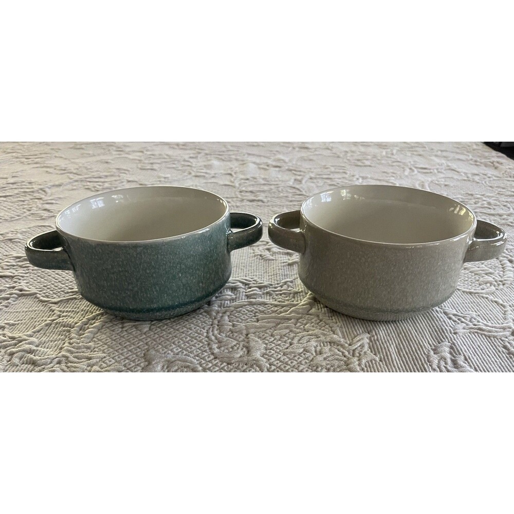 2 Mikasa Gourmet Basics Emma Soup Bowls Double Handle Speckled Green & Beige